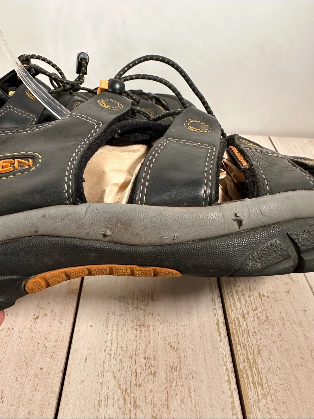 Keen Men’s Newport H2 Black leather Sandals W/Yellow Stitching protected toe cap